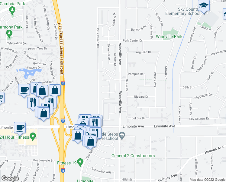 map of restaurants, bars, coffee shops, grocery stores, and more near 5975 Shoveller Court in Jurupa Valley