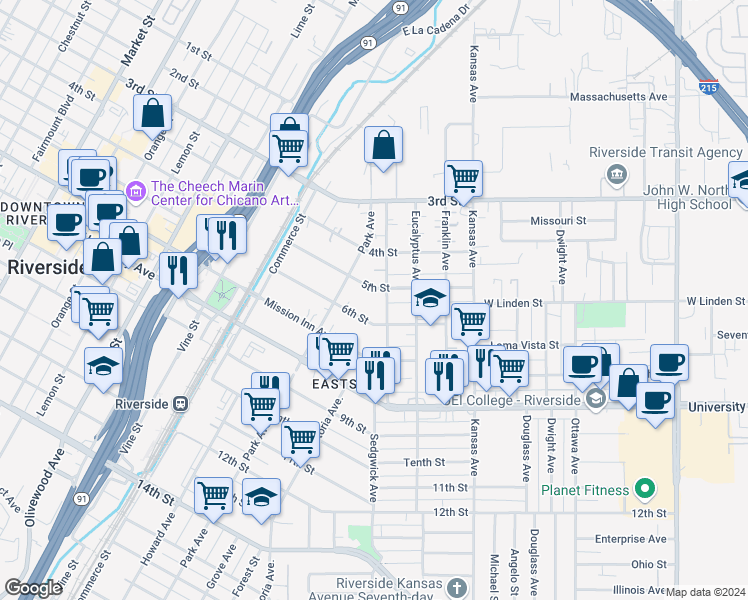 map of restaurants, bars, coffee shops, grocery stores, and more near 2526 5th Street in Riverside