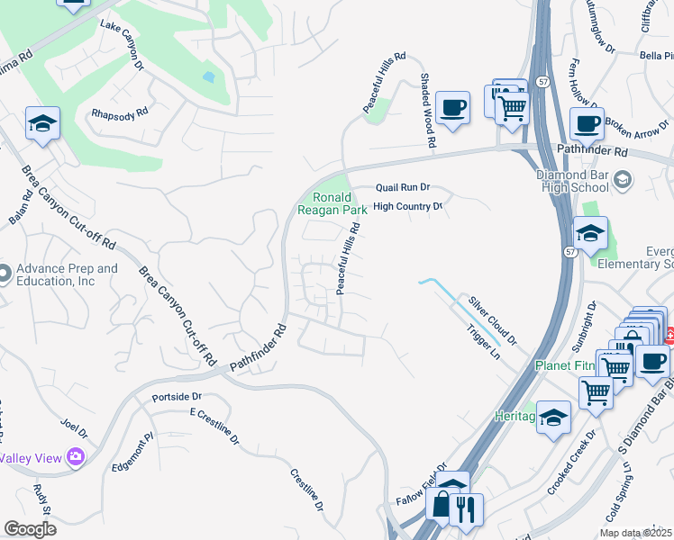map of restaurants, bars, coffee shops, grocery stores, and more near 20763 Crest Lane in Walnut
