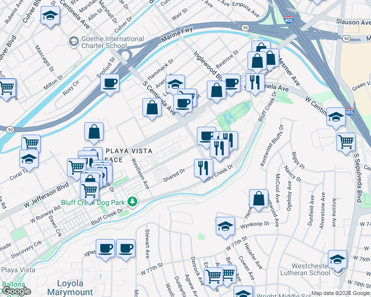 map of restaurants, bars, coffee shops, grocery stores, and more near 12411 Fielding Circle in Los Angeles