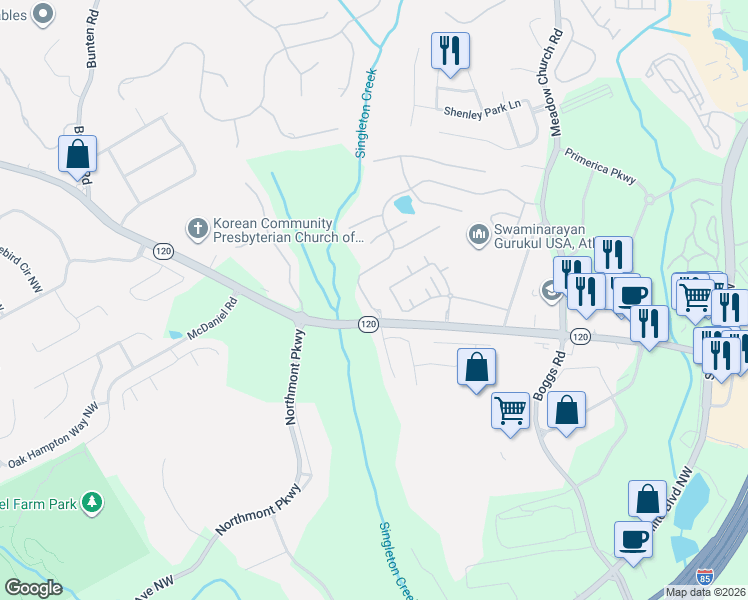 map of restaurants, bars, coffee shops, grocery stores, and more near 2826 Staunton Drive in Duluth
