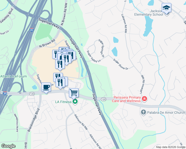 map of restaurants, bars, coffee shops, grocery stores, and more near 5710 Sugarloaf Pkwy in Duluth