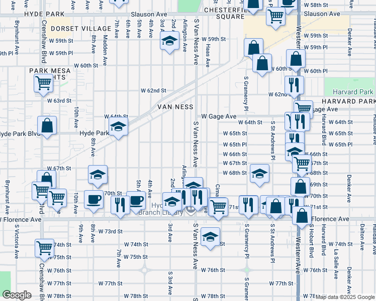 map of restaurants, bars, coffee shops, grocery stores, and more near 6568 Arlington Avenue in Los Angeles