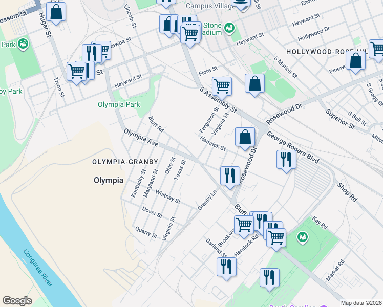 map of restaurants, bars, coffee shops, grocery stores, and more near 182 S-13 in Columbia