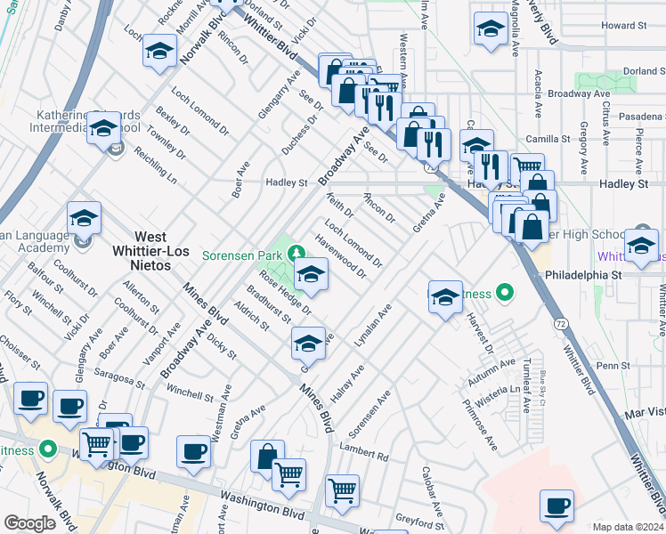 map of restaurants, bars, coffee shops, grocery stores, and more near 11509 Bexley Drive in Whittier