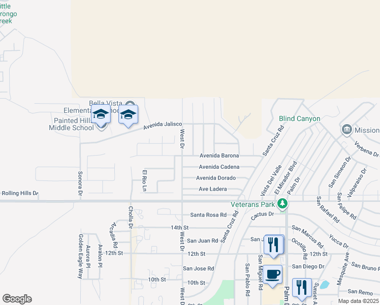 map of restaurants, bars, coffee shops, grocery stores, and more near 9555 Calle Barranca in Desert Hot Springs