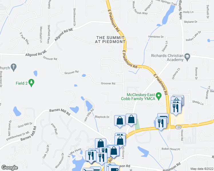 map of restaurants, bars, coffee shops, grocery stores, and more near 2150 Groover Road in Marietta