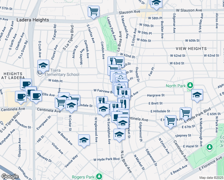 map of restaurants, bars, coffee shops, grocery stores, and more near 121 West Fairview Boulevard in Inglewood