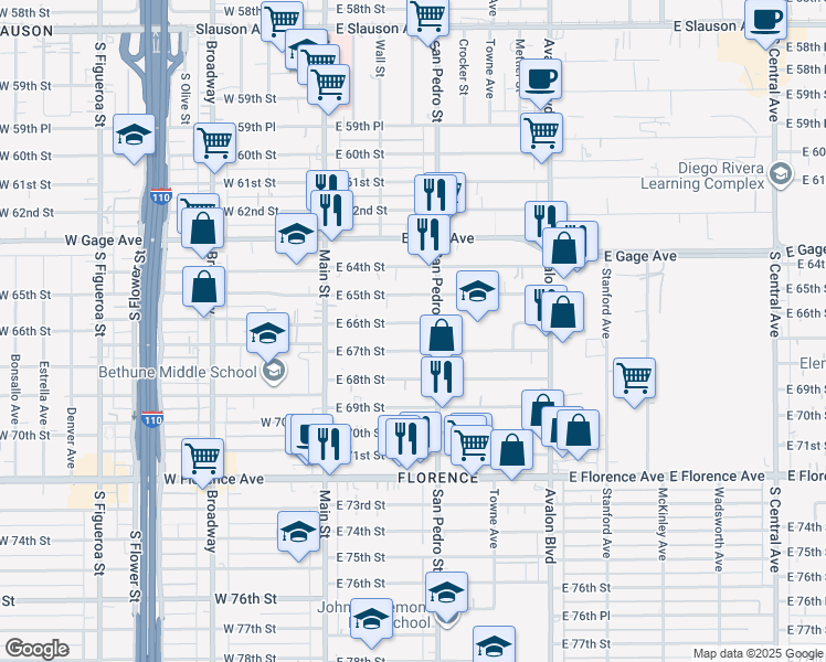 map of restaurants, bars, coffee shops, grocery stores, and more near 232 East 66th Street in Los Angeles