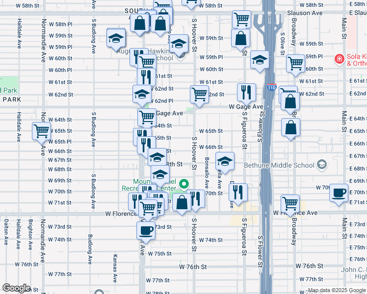 map of restaurants, bars, coffee shops, grocery stores, and more near 833 West 66th Street in Los Angeles