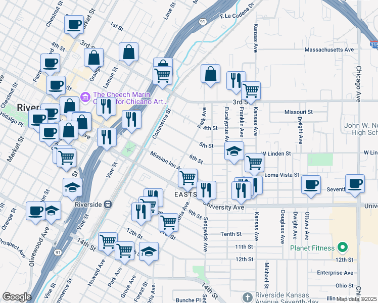 map of restaurants, bars, coffee shops, grocery stores, and more near 2881 6th Street in Riverside