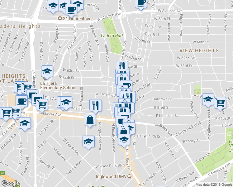 map of restaurants, bars, coffee shops, grocery stores, and more near 121 West Fairview Boulevard in Inglewood