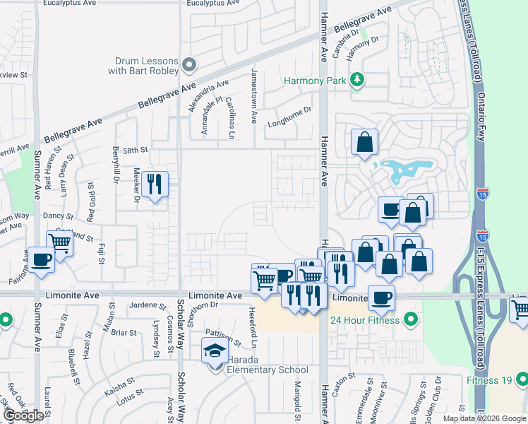 map of restaurants, bars, coffee shops, grocery stores, and more near 12782 Lomond Way in Eastvale