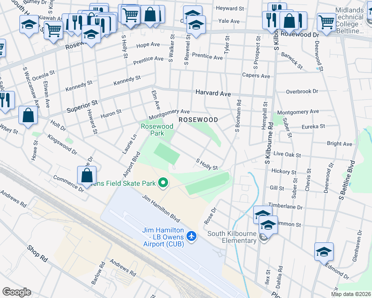map of restaurants, bars, coffee shops, grocery stores, and more near 1021 South Holly Street in Columbia