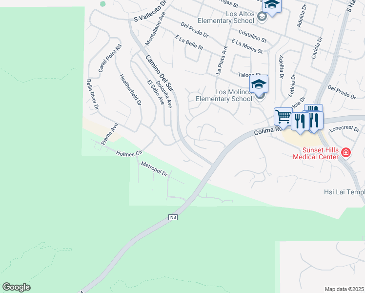 map of restaurants, bars, coffee shops, grocery stores, and more near 3410 Dolonita Avenue in Hacienda Heights