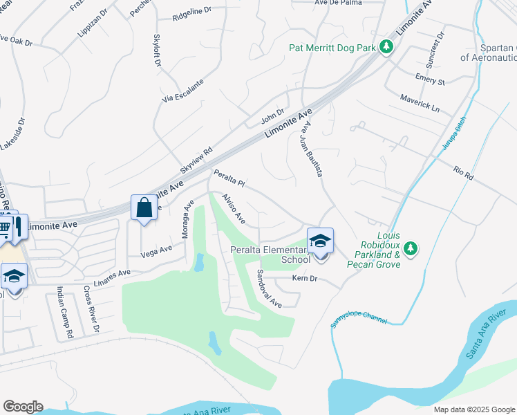 map of restaurants, bars, coffee shops, grocery stores, and more near 5880 Sandoval Avenue in Riverside