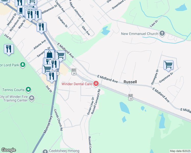 map of restaurants, bars, coffee shops, grocery stores, and more near 311 East Midland Avenue in Winder