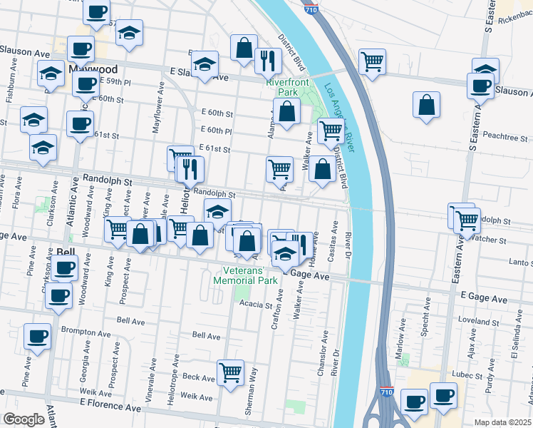map of restaurants, bars, coffee shops, grocery stores, and more near 6220 Alamo Avenue in Bell