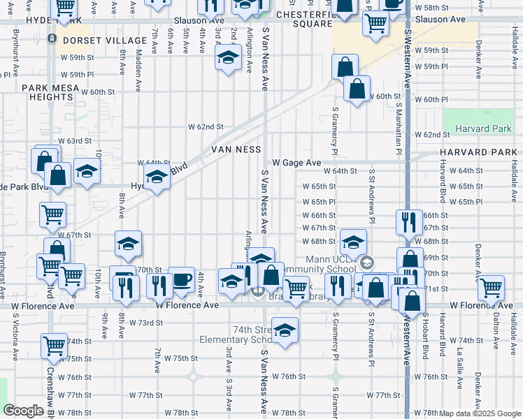 map of restaurants, bars, coffee shops, grocery stores, and more near 6565 South Van Ness Avenue in Los Angeles