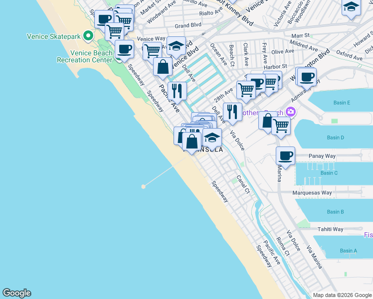 map of restaurants, bars, coffee shops, grocery stores, and more near 3007 Ocean Front Walk in Los Angeles