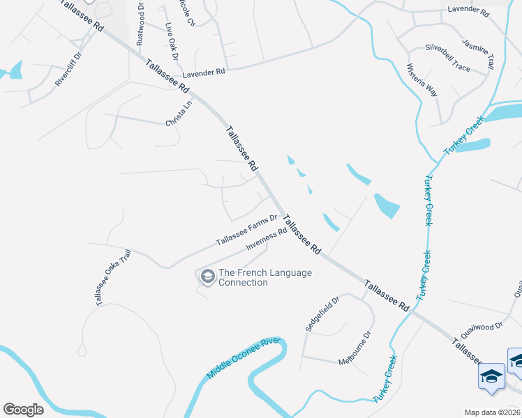 map of restaurants, bars, coffee shops, grocery stores, and more near 125 Ramble Hills Circle in Athens