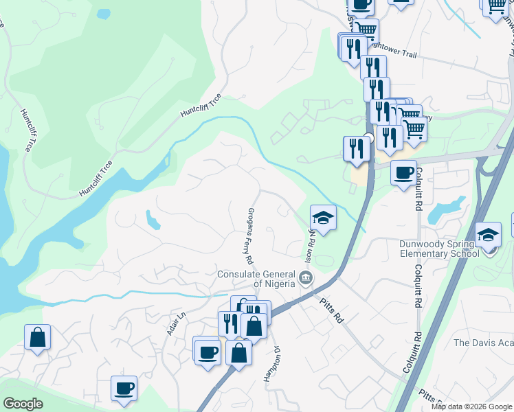 map of restaurants, bars, coffee shops, grocery stores, and more near 8195 Grogans Ferry Road in Atlanta