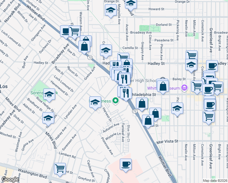map of restaurants, bars, coffee shops, grocery stores, and more near 6837 Sorensen Ave in Whittier