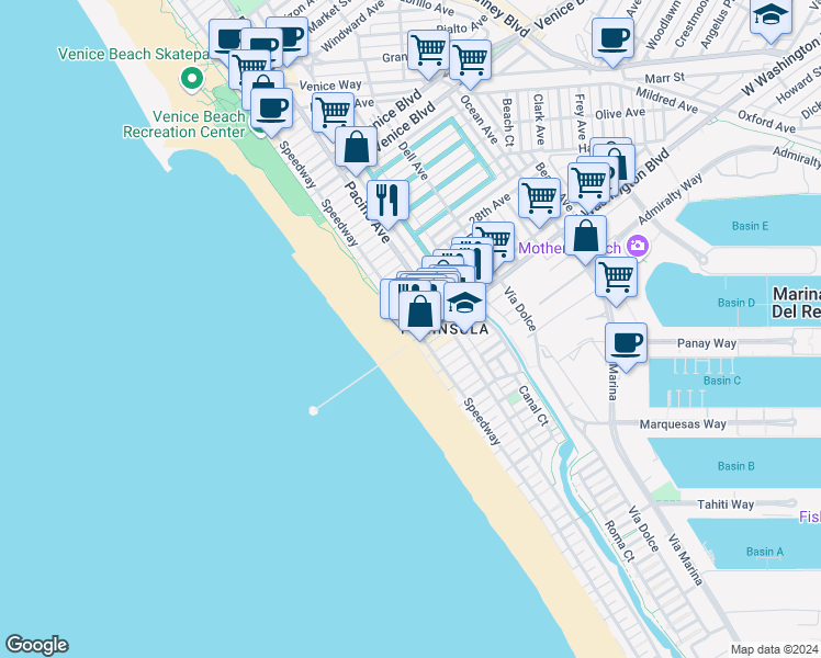 map of restaurants, bars, coffee shops, grocery stores, and more near 3007 Ocean Front Walk in Los Angeles