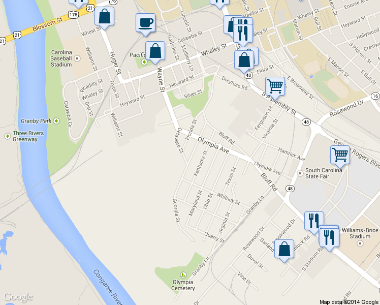 map of restaurants, bars, coffee shops, grocery stores, and more near 525 Georgia St in Columbia