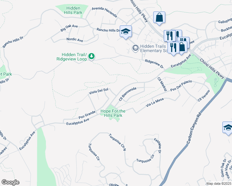 map of restaurants, bars, coffee shops, grocery stores, and more near 15075 Avenida Del Monte in Chino Hills