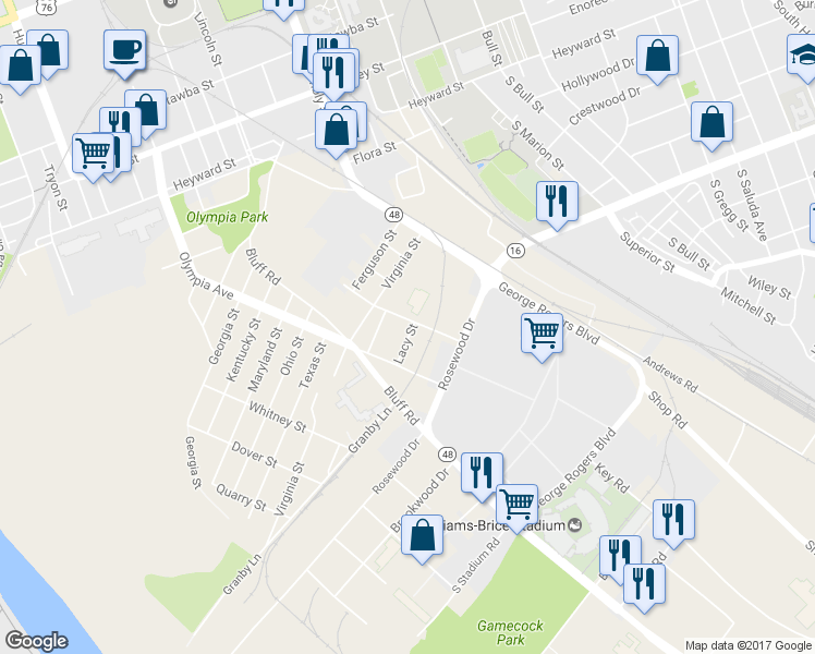 map of restaurants, bars, coffee shops, grocery stores, and more near 1231 Hamrick Avenue in Columbia