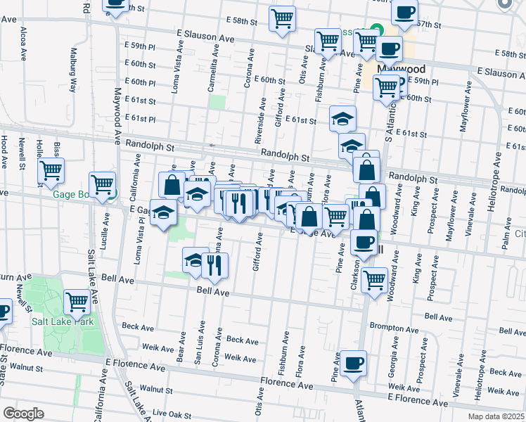 map of restaurants, bars, coffee shops, grocery stores, and more near 6331 Gifford Avenue in Bell