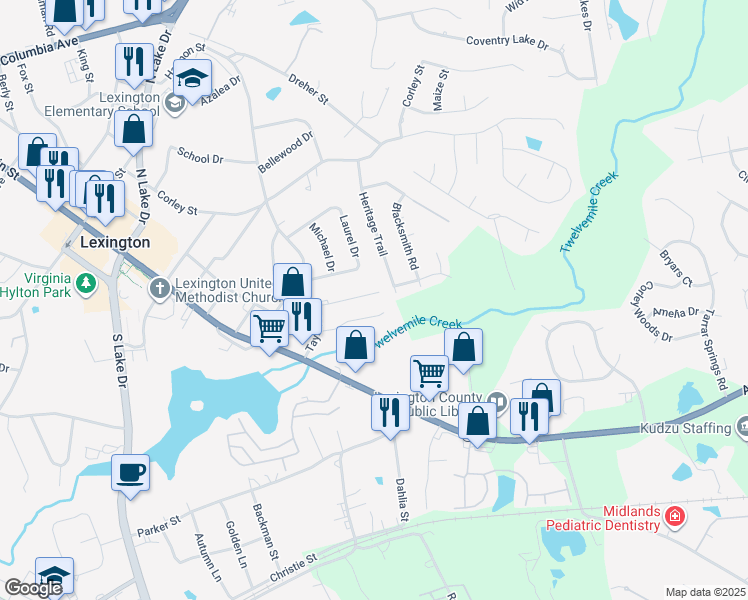 map of restaurants, bars, coffee shops, grocery stores, and more near 118 Cherry Hall Drive in Lexington
