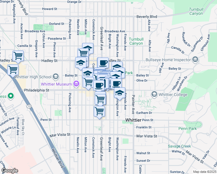map of restaurants, bars, coffee shops, grocery stores, and more near 6745 Bright Avenue in Whittier