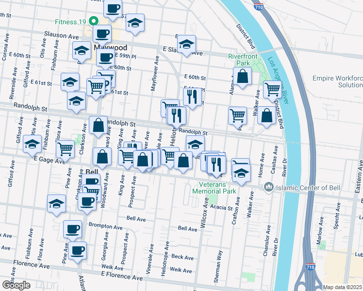 map of restaurants, bars, coffee shops, grocery stores, and more near 6237 Palm Avenue in Bell