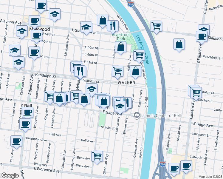 map of restaurants, bars, coffee shops, grocery stores, and more near 6220 Alamo Avenue in Bell