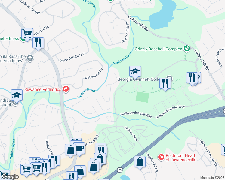 map of restaurants, bars, coffee shops, grocery stores, and more near 1001 Sugar Oak Lane in Lawrenceville