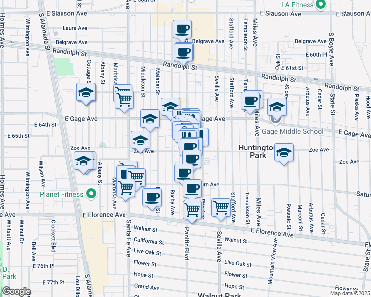 map of restaurants, bars, coffee shops, grocery stores, and more near 6539 Pacific Boulevard in Huntington Park