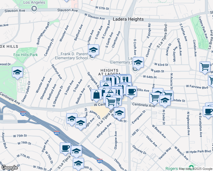 map of restaurants, bars, coffee shops, grocery stores, and more near 5346 Fairview Boulevard in Los Angeles