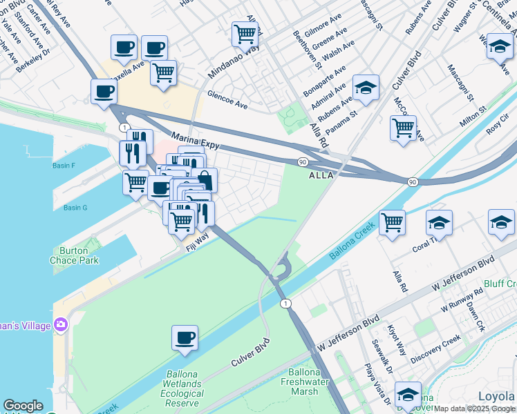 map of restaurants, bars, coffee shops, grocery stores, and more near 13230 Fiji Way in Marina del Rey