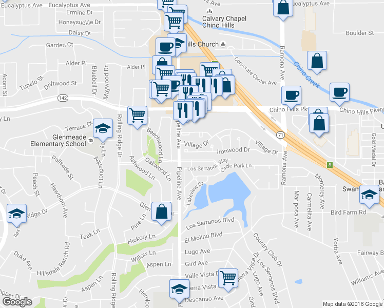 map of restaurants, bars, coffee shops, grocery stores, and more near 4149 Ironwood Drive in Chino Hills