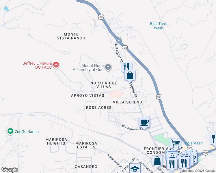 map of restaurants, bars, coffee shops, grocery stores, and more near 9 Northridge Circle in Wickenburg