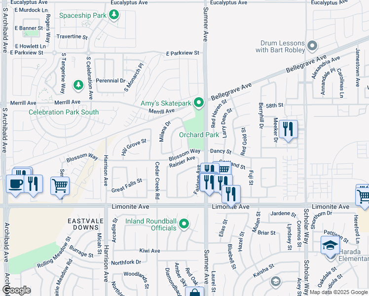 map of restaurants, bars, coffee shops, grocery stores, and more near 6004 Golden Nectar Court in Corona