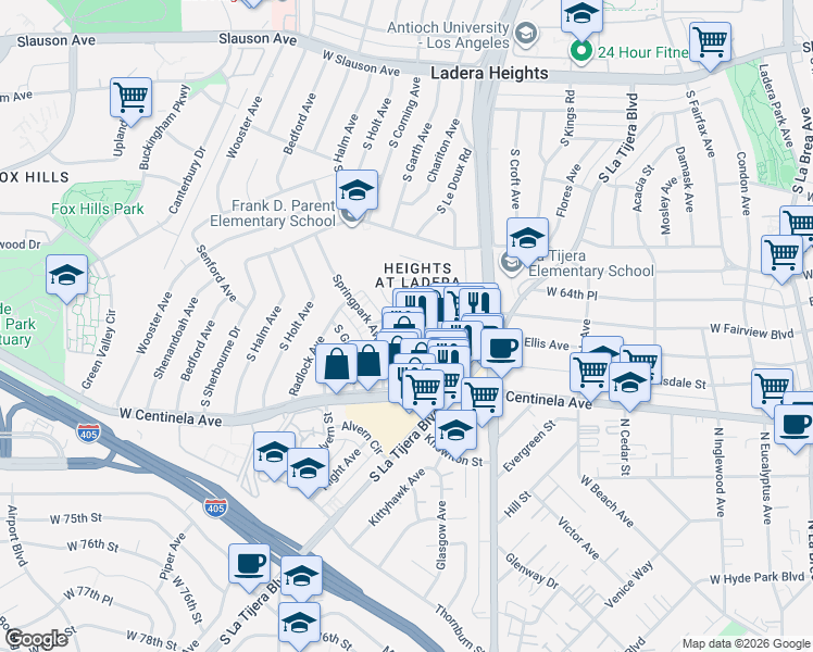 map of restaurants, bars, coffee shops, grocery stores, and more near 5348 Fairview Boulevard in Los Angeles
