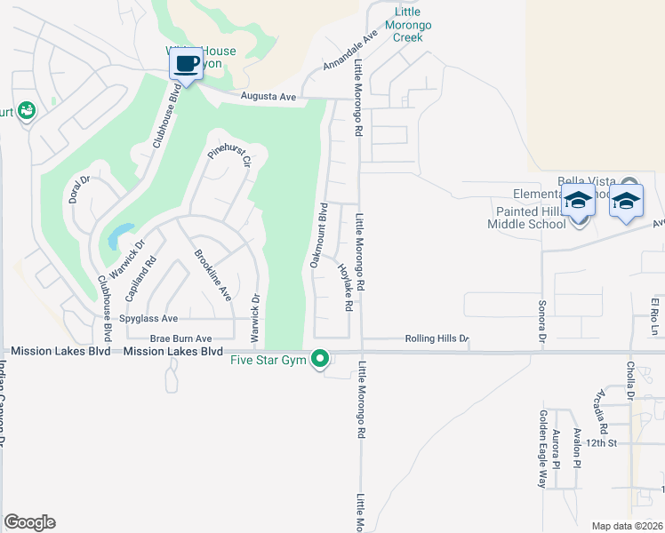 map of restaurants, bars, coffee shops, grocery stores, and more near 9641 Hoylake Road in Desert Hot Springs