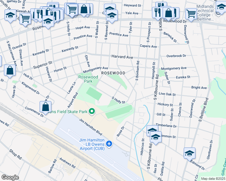 map of restaurants, bars, coffee shops, grocery stores, and more near 1053 Elm Avenue in Columbia