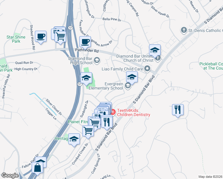 map of restaurants, bars, coffee shops, grocery stores, and more near 2503 Harmony Hill Drive in Diamond Bar