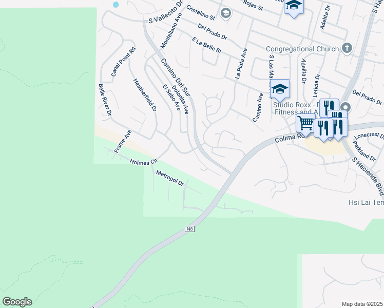 map of restaurants, bars, coffee shops, grocery stores, and more near 3403 Dolonita Avenue in Hacienda Heights
