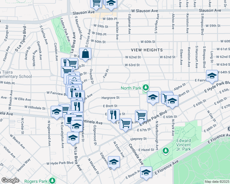 map of restaurants, bars, coffee shops, grocery stores, and more near 526 East Ellis Avenue in Inglewood
