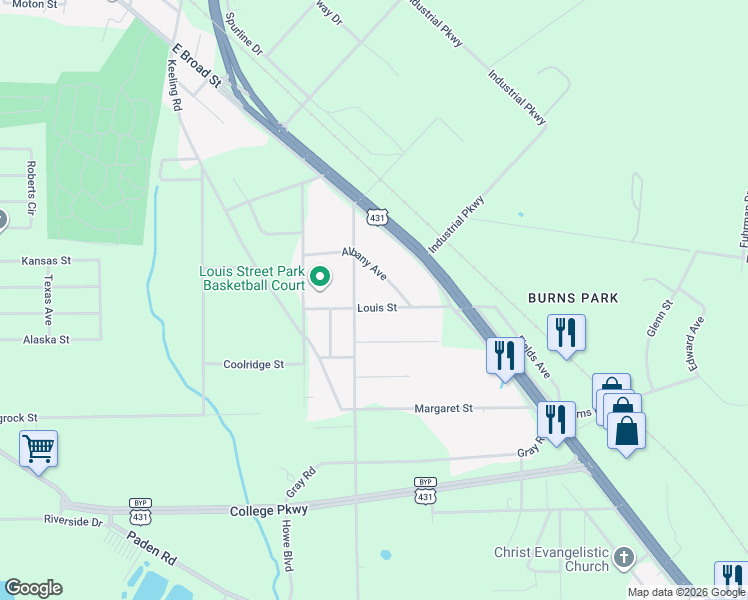 map of restaurants, bars, coffee shops, grocery stores, and more near 257 Louis Street in Gadsden
